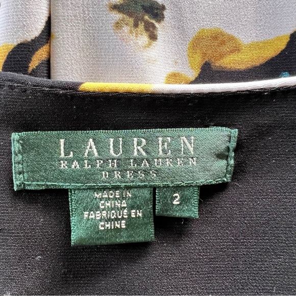 Ralph Lauren Black Yellow multi Floral Ruched Faux Wrap Dress V Neck Size 2 - Picture 17 of 17